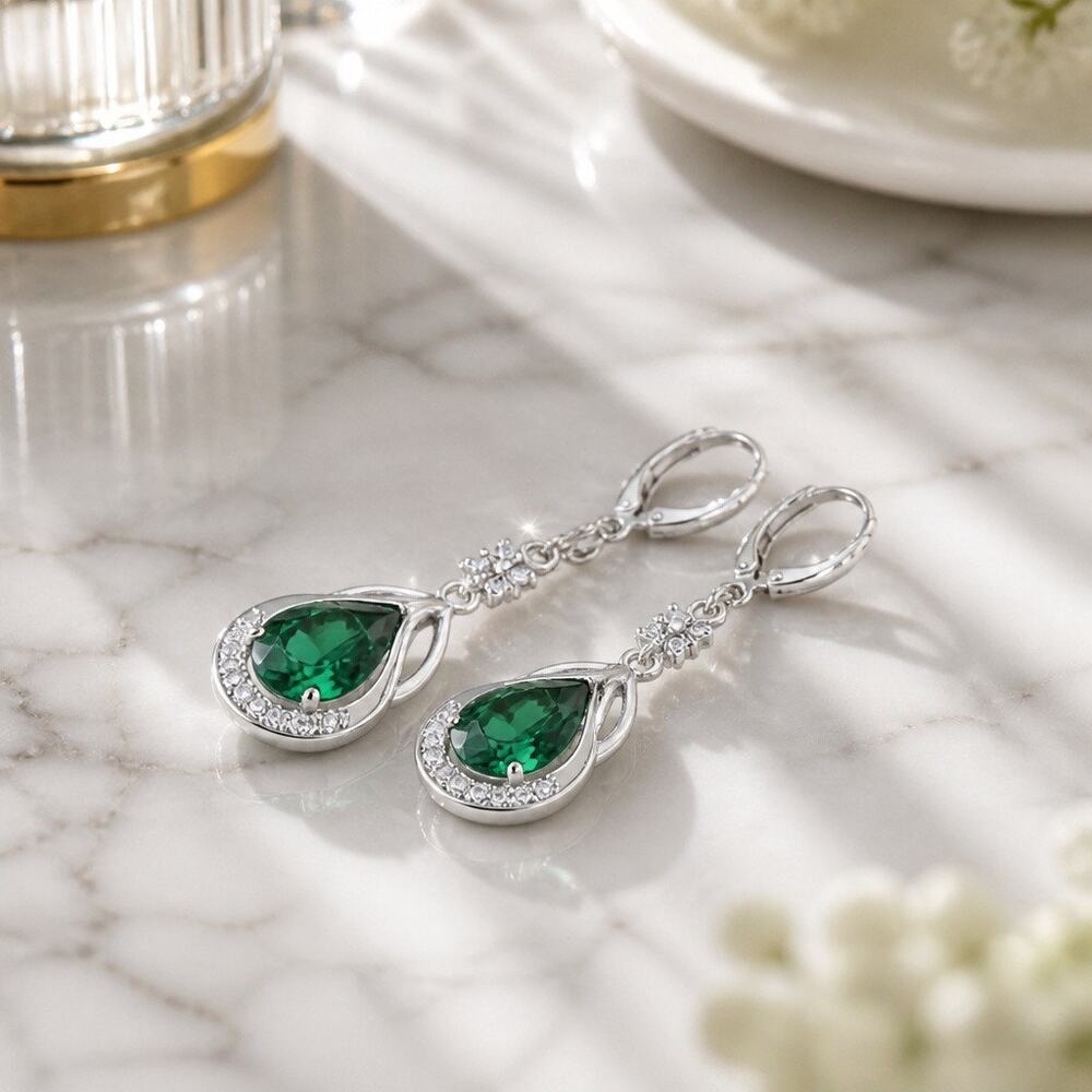 The Genevieve Drop — Silver Created Emerald Teardrop Leverback Earrings